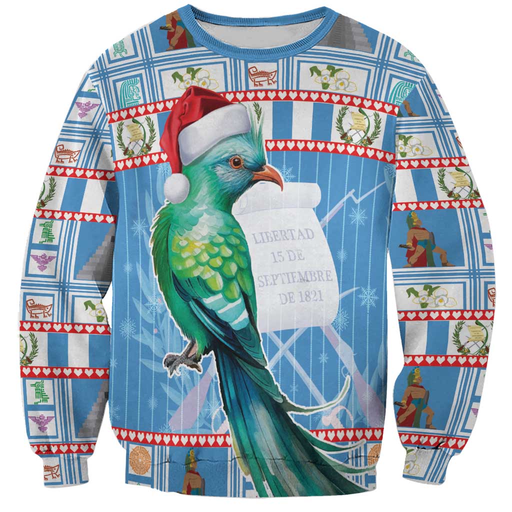 Unisex blue holiday sweatshirt with green bird wearing red Santa hat graphic