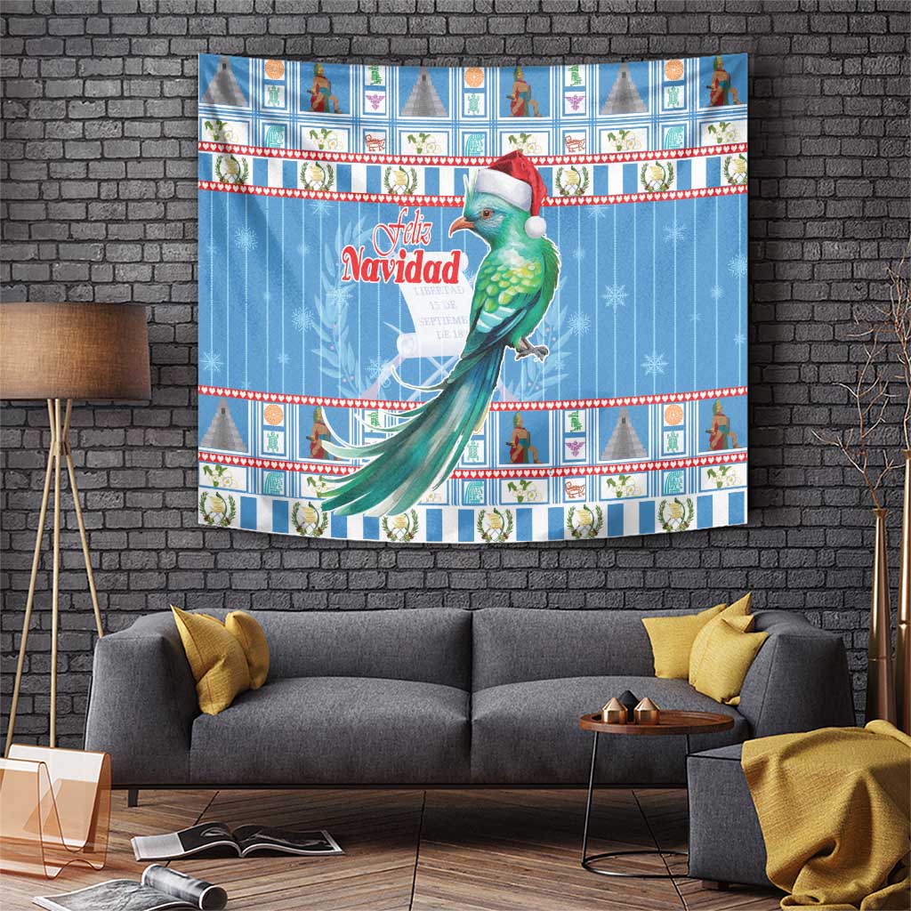 Blue Christmas tapestry with green quetzal bird wearing red Santa hat and Feliz Navidad text