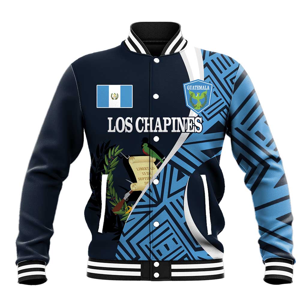 Blue baseball varsity jacket with white-striped collar, front patches and Los Chapines graphic