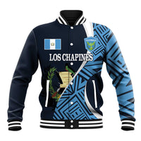 Blue baseball varsity jacket with white-striped collar, front patches and Los Chapines graphic