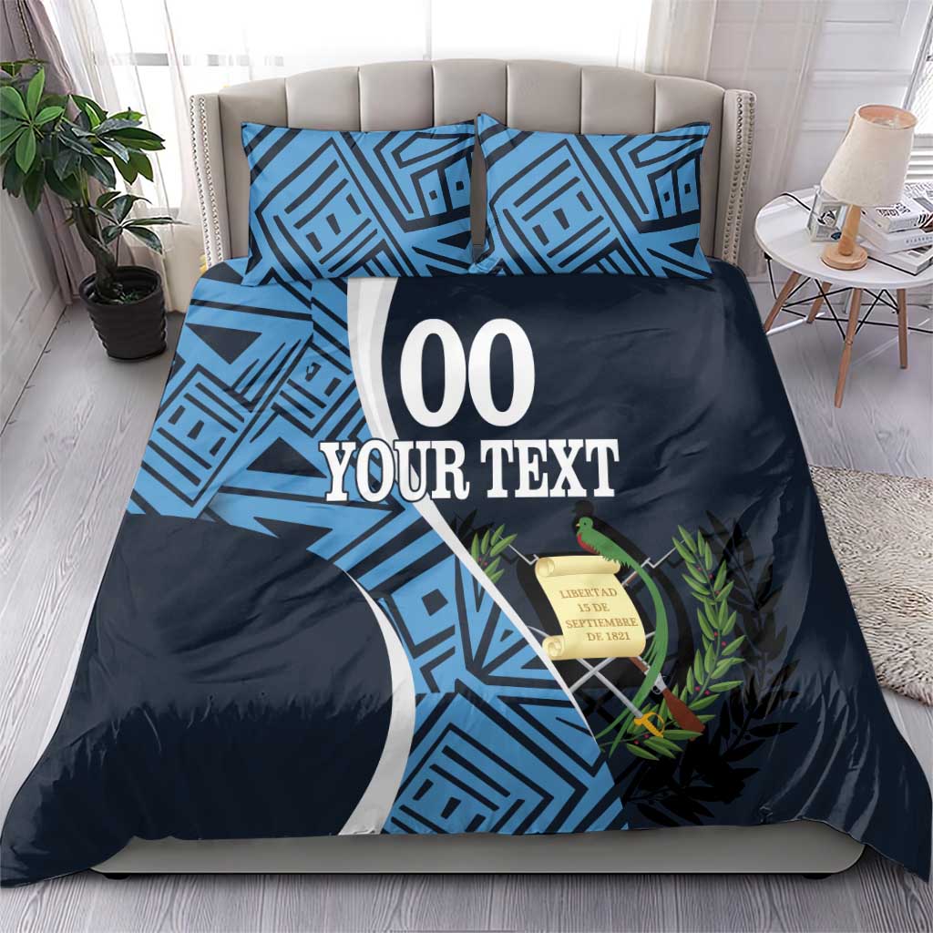 Football bedding set: navy duvet with blue geometric print, '00 YOUR TEXT', plus 2 matching pillows