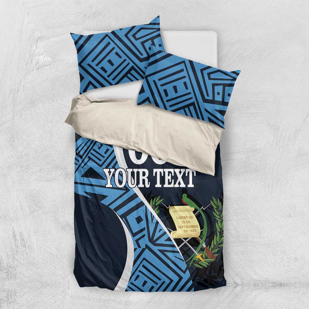 Blue geometric and navy football duvet set with '00 YOUR TEXT' design and two pillowcases