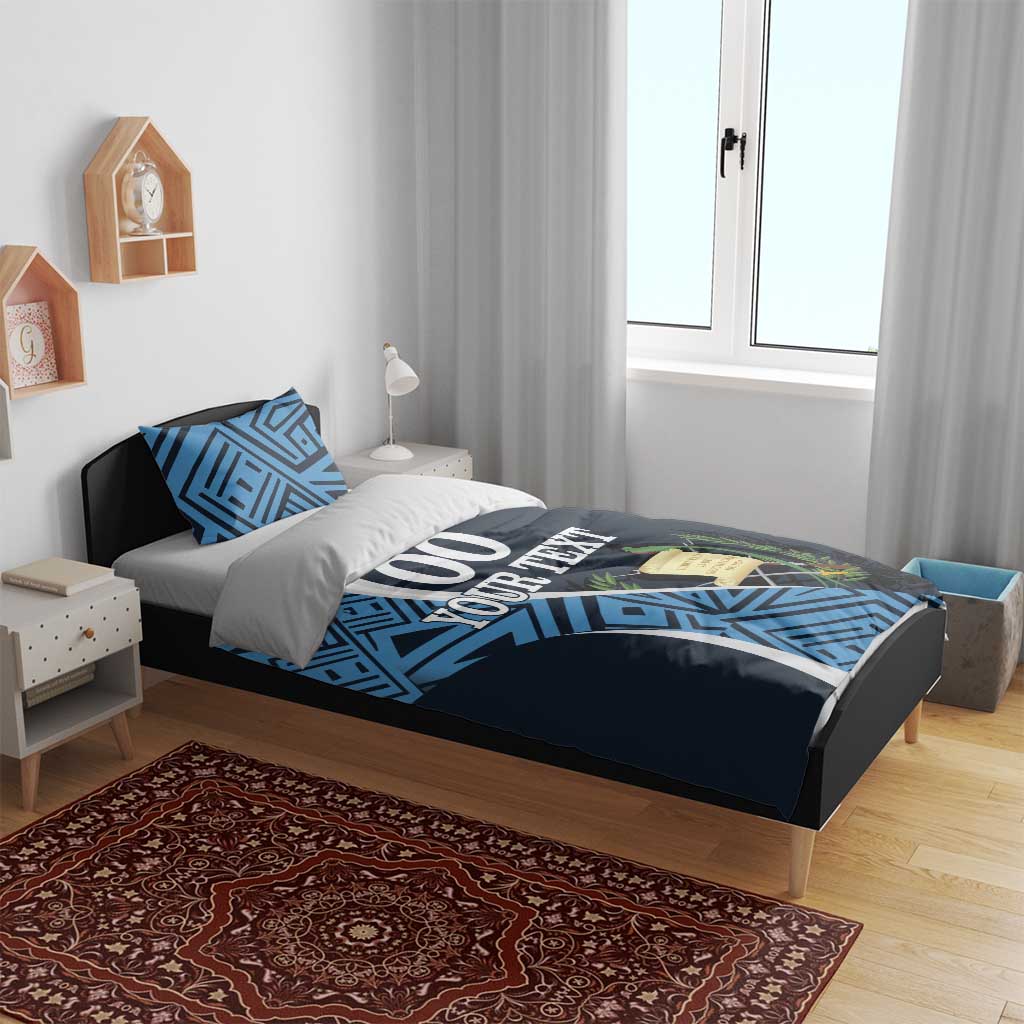Navy and blue football bedding set on bed frame, geometric pattern and '00 YOUR TEXT'