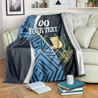 Blue and dark football blanket with white '00 YOUR TEXT' text and leaf emblem