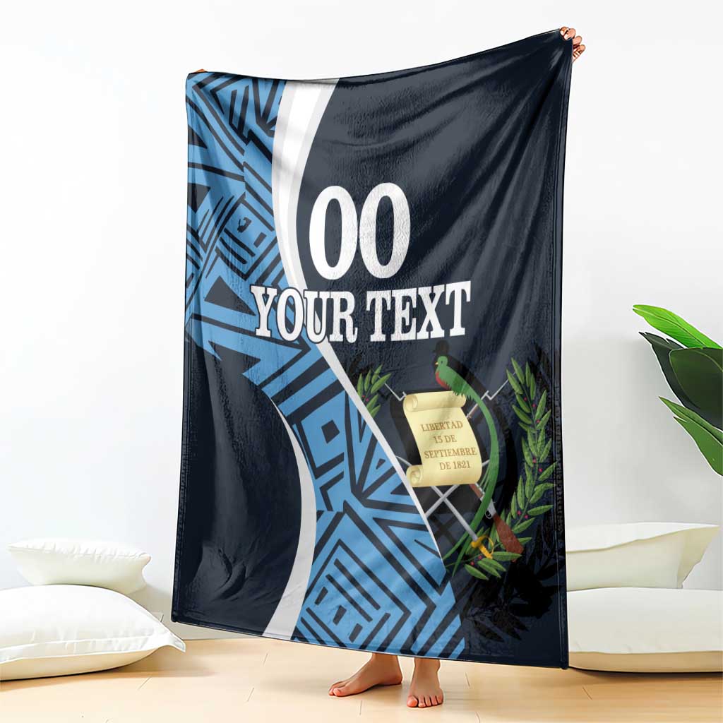 Blue and dark football-themed custom blanket with white curved graphics and 'YOUR TEXT'