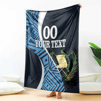 Blue and dark football-themed custom blanket with white curved graphics and 'YOUR TEXT'