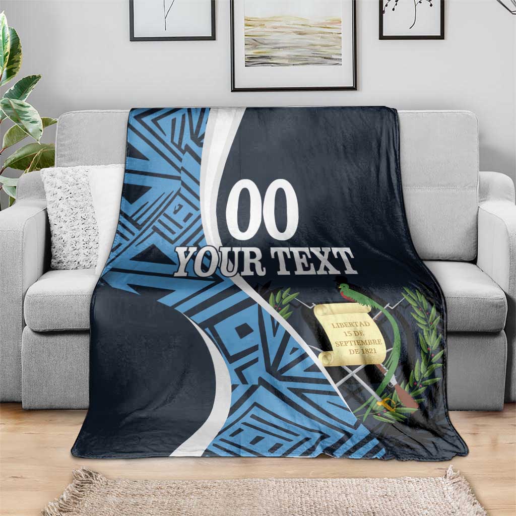 Dark blue football blanket with white '00 YOUR TEXT' and blue geometric swirl pattern