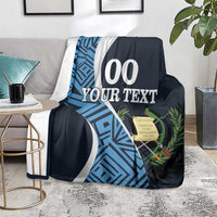 Custom football blanket in dark blue with white '00 YOUR TEXT' and blue geometric design