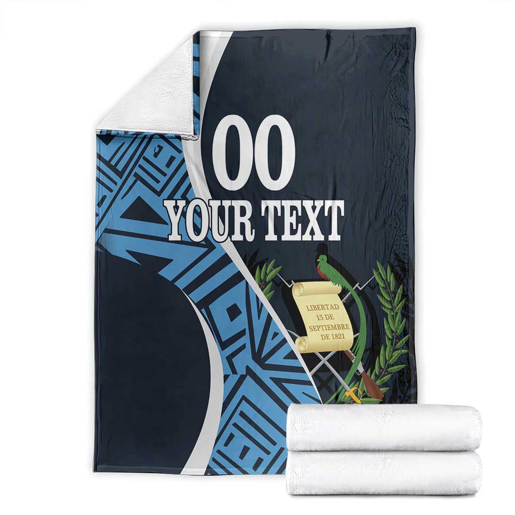 Football blanket with dark blue print, white '00 YOUR TEXT' and blue geometric panel