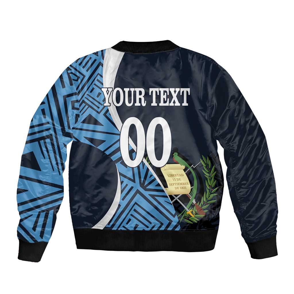 Unisex football bomber jacket in dark navy with blue back graphic, YOURTEXT and 00