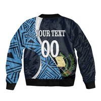 Unisex football bomber jacket in dark navy with blue back graphic, YOURTEXT and 00
