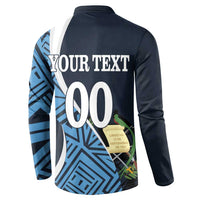 Men's navy football sweatshirt with blue geometric back graphic, YOUR TEXT and number 00