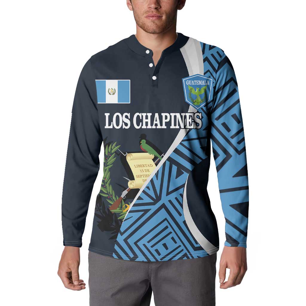Men's navy button-up football sweatshirt with Los Chapines front print and blue Guatemala crest