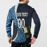 Men's navy football sweatshirt with blue back YOUR TEXT 00 graphic and crest patch