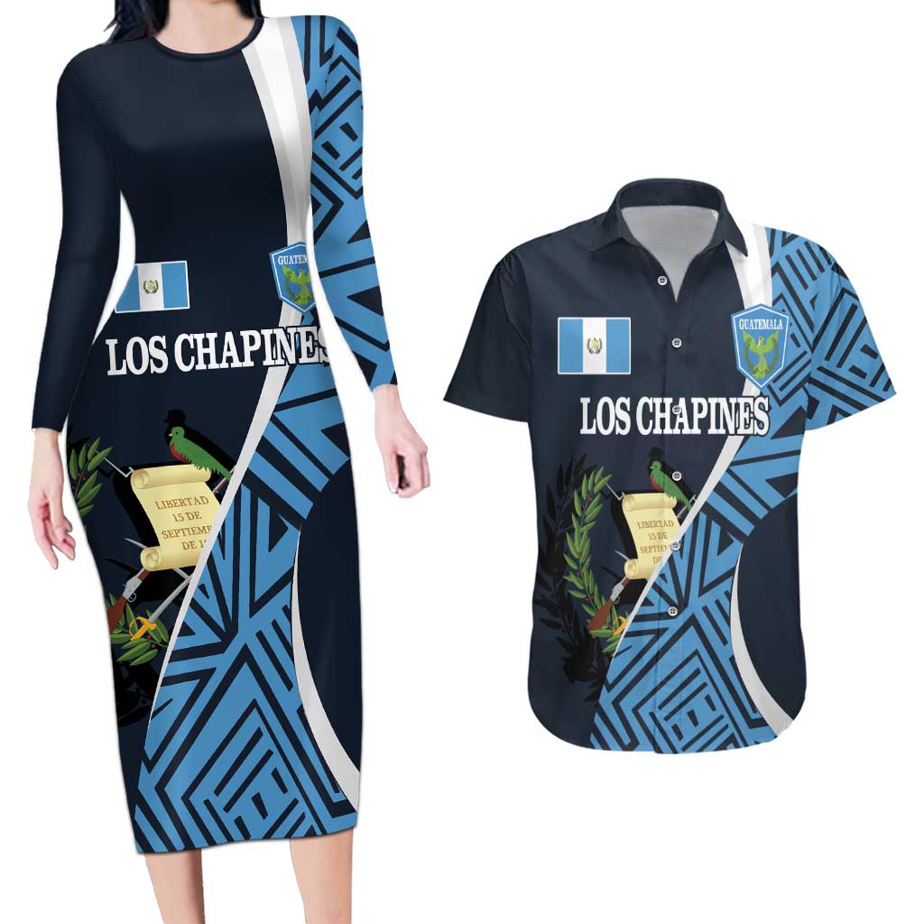 Custom Guatemala Football Couples Matching Long Sleeve Bodycon Dress and Hawaiian Shirt Los Chapines Go Champion - Wonder Print Shop