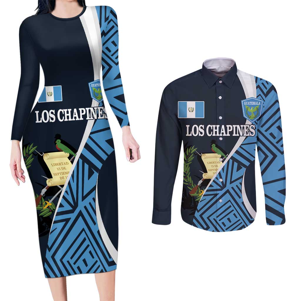 Custom Guatemala Football Couples Matching Long Sleeve Bodycon Dress and Long Sleeve Button Shirt Los Chapines Go Champion - Wonder Print Shop