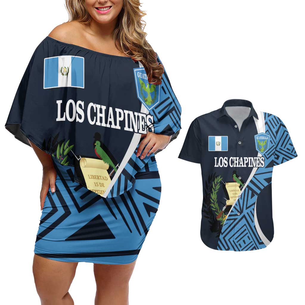 Custom Guatemala Football Couples Matching Off Shoulder Short Dress and Hawaiian Shirt Los Chapines Go Champion - Wonder Print Shop