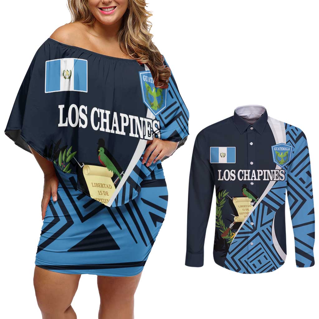 Custom Guatemala Football Couples Matching Off Shoulder Short Dress and Long Sleeve Button Shirt Los Chapines Go Champion - Wonder Print Shop