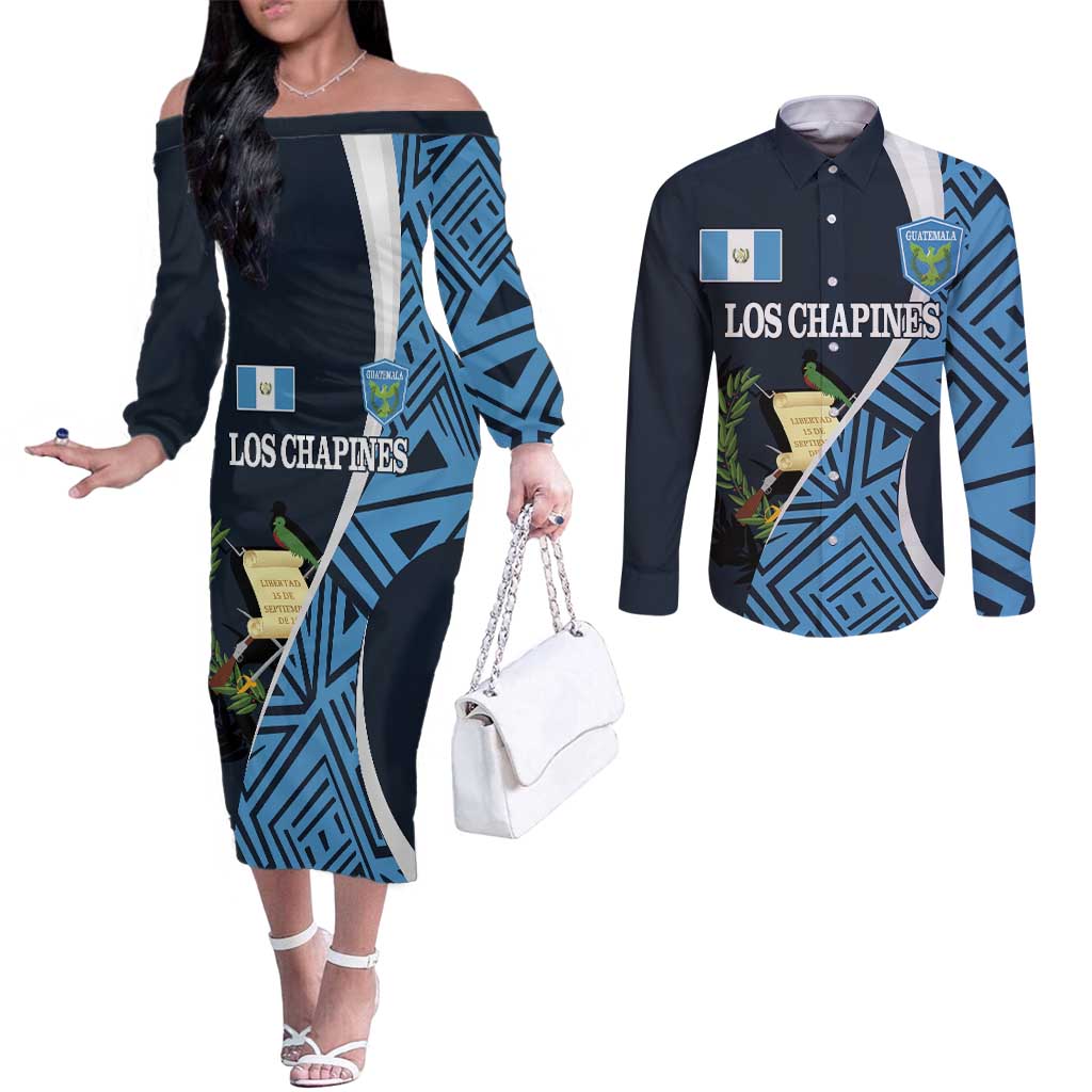 Custom Guatemala Football Couples Matching Off The Shoulder Long Sleeve Dress and Long Sleeve Button Shirt Los Chapines Go Champion