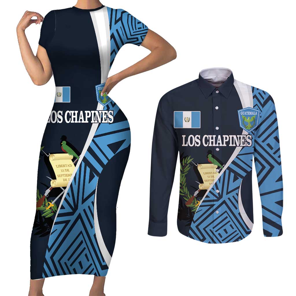 Custom Guatemala Football Couples Matching Short Sleeve Bodycon Dress and Long Sleeve Button Shirt Los Chapines Go Champion - Wonder Print Shop