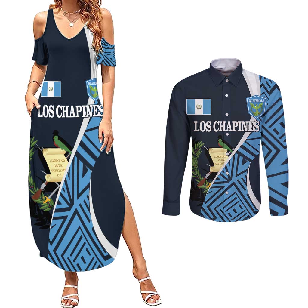 Custom Guatemala Football Couples Matching Summer Maxi Dress and Long Sleeve Button Shirt Los Chapines Go Champion - Wonder Print Shop