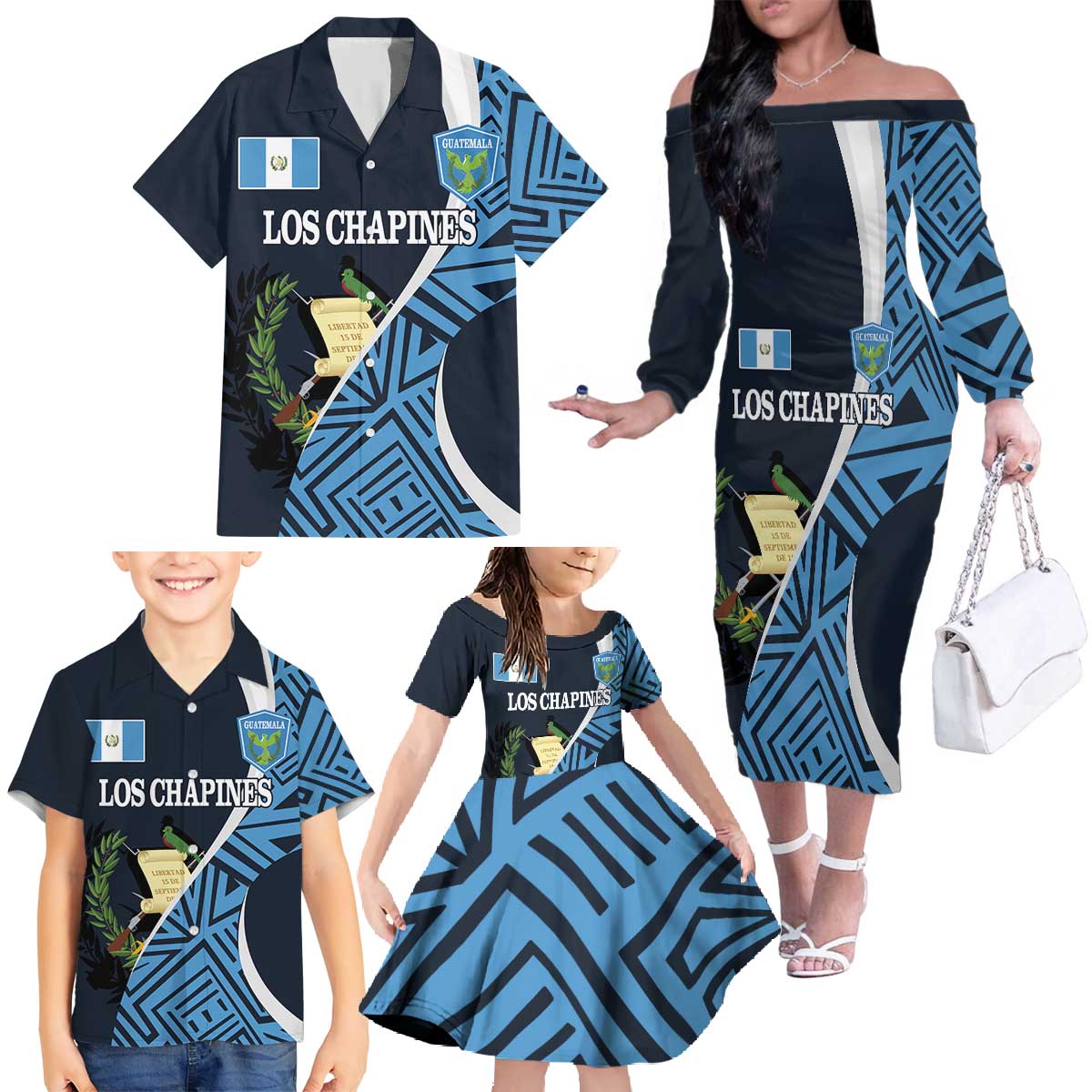 Custom Guatemala Football Family Matching Off The Shoulder Long Sleeve Dress and Hawaiian Shirt Los Chapines Go Champion - Wonder Print Shop