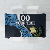 Custom football tablecloth with dark navy fabric and blue geometric pattern, plus laurel graphic
