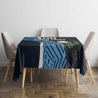 Custom football tablecloth on round table: dark navy with blue geometric center panel