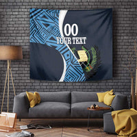 Navy football tapestry wall hanging with blue geometric striping and laurel emblem, custom text.