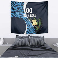 Navy football tapestry wall hanging with blue geometric design and laurel emblem, custom text.