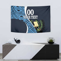 Navy football tapestry wall hanging with blue pattern panels and laurel crest, custom text.