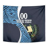 Close-up navy football tapestry wall hanging with blue geometric detail, laurel emblem, custom text.