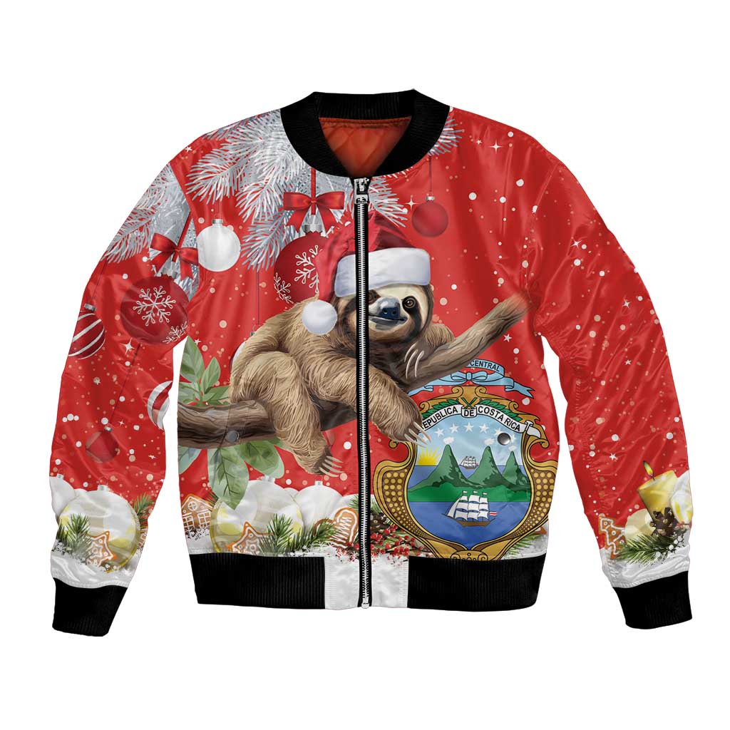 Red bomber jacket with black trim, front zip, sloth in Santa hat holiday print