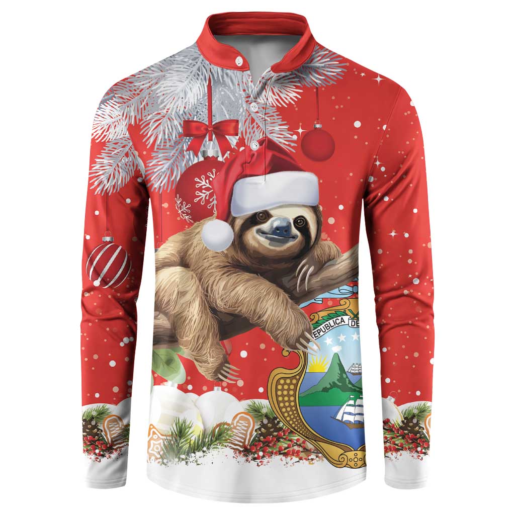 Red button-up Christmas sweatshirt with sloth wearing Santa hat graphic