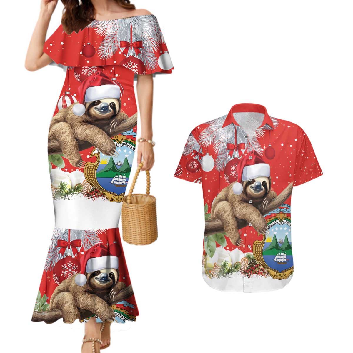 Christmas Costa Rica Couples Matching Mermaid Dress and Hawaiian Shirt A Cheerful Sloth Wearing a Santa Hat - Wonder Print Shop