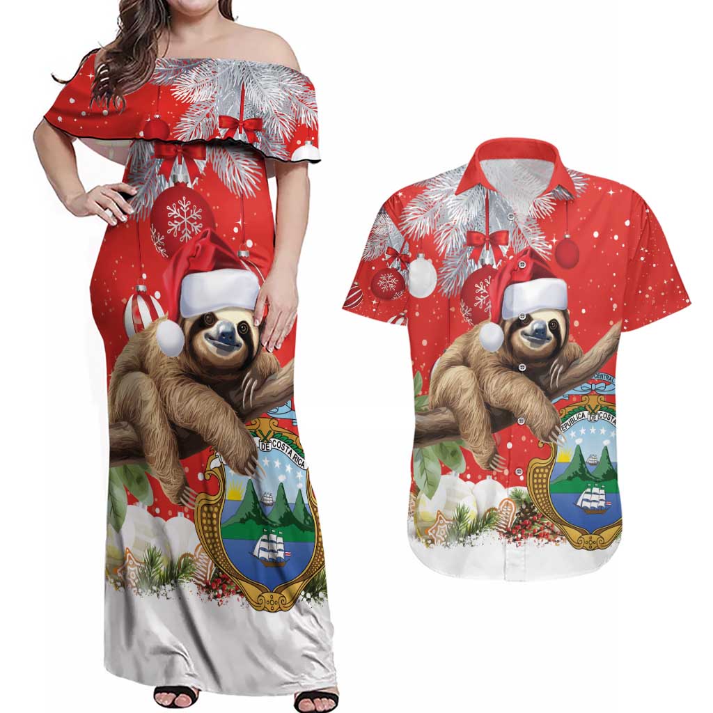 Christmas Costa Rica Couples Matching Off Shoulder Maxi Dress and Hawaiian Shirt A Cheerful Sloth Wearing a Santa Hat - Wonder Print Shop