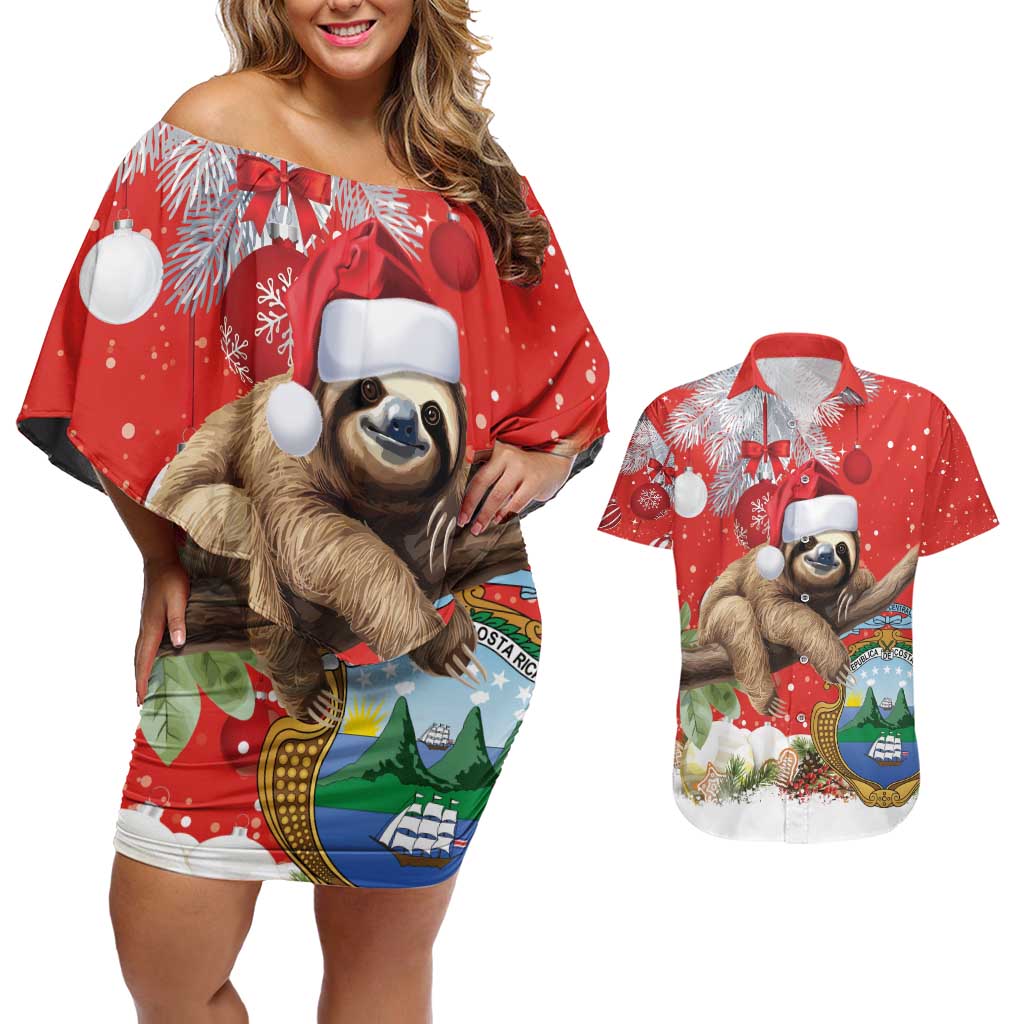 Christmas Costa Rica Couples Matching Off Shoulder Short Dress and Hawaiian Shirt A Cheerful Sloth Wearing a Santa Hat - Wonder Print Shop