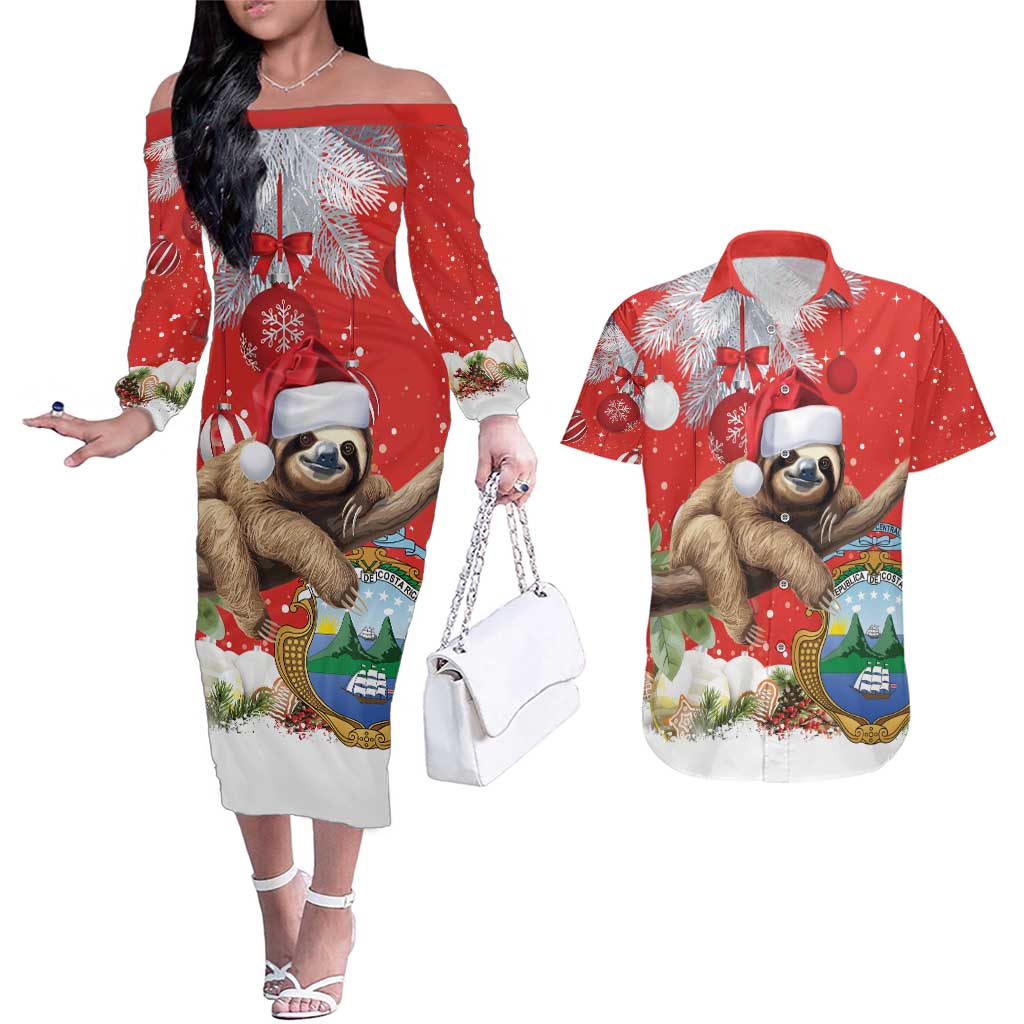 Christmas Costa Rica Couples Matching Off The Shoulder Long Sleeve Dress and Hawaiian Shirt A Cheerful Sloth Wearing a Santa Hat - Wonder Print Shop