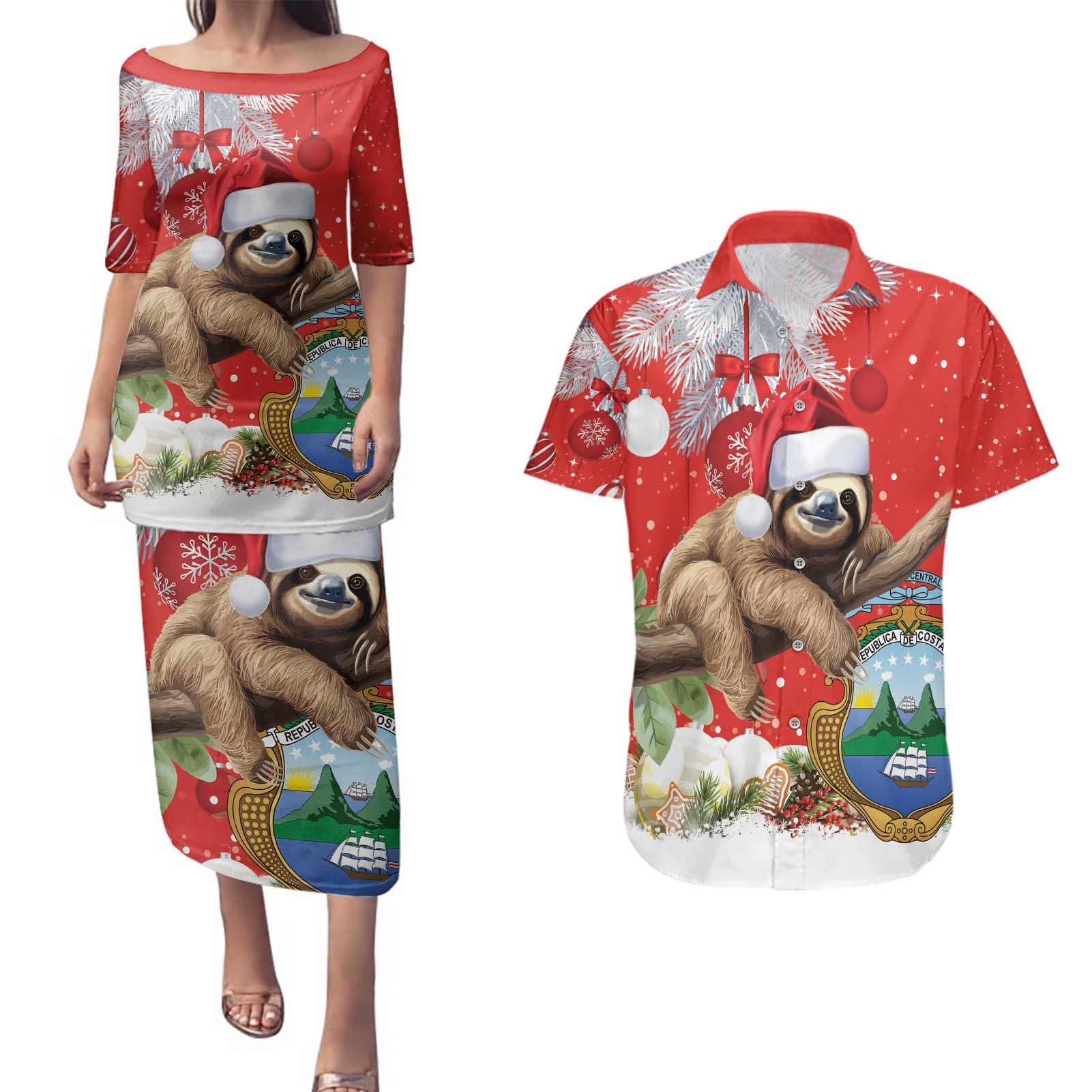 Christmas Costa Rica Couples Matching Puletasi and Hawaiian Shirt A Cheerful Sloth Wearing a Santa Hat - Wonder Print Shop