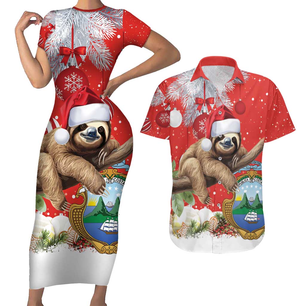 Christmas Costa Rica Couples Matching Short Sleeve Bodycon Dress and Hawaiian Shirt A Cheerful Sloth Wearing a Santa Hat - Wonder Print Shop