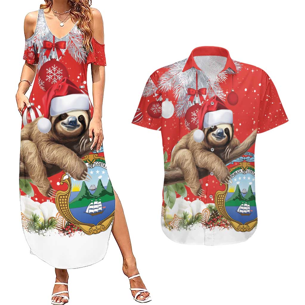 Christmas Costa Rica Couples Matching Summer Maxi Dress and Hawaiian Shirt A Cheerful Sloth Wearing a Santa Hat - Wonder Print Shop