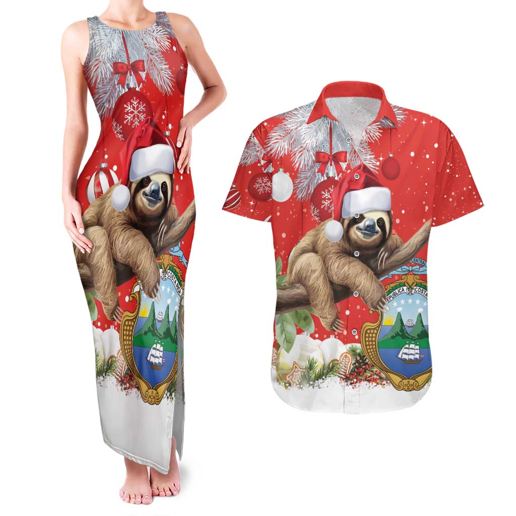 Christmas Costa Rica Couples Matching Tank Maxi Dress and Hawaiian Shirt A Cheerful Sloth Wearing a Santa Hat - Wonder Print Shop