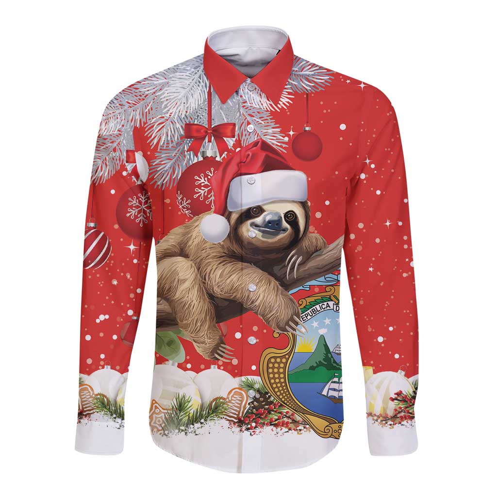 Red long-sleeve button shirt with sloth in Santa hat and festive ornaments print