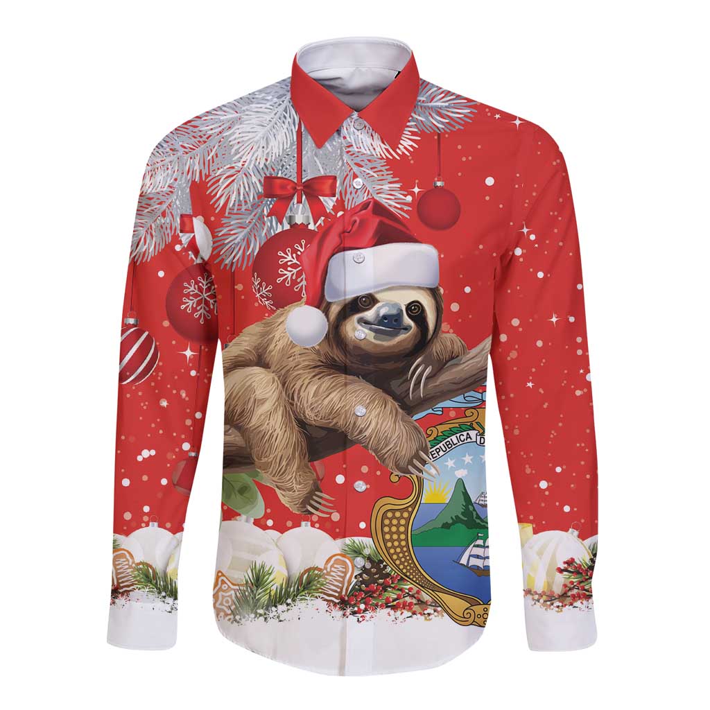 Christmas Costa Rica Long Sleeve Button Shirt A Cheerful Sloth Wearing a Santa Hat - Wonder Print Shop