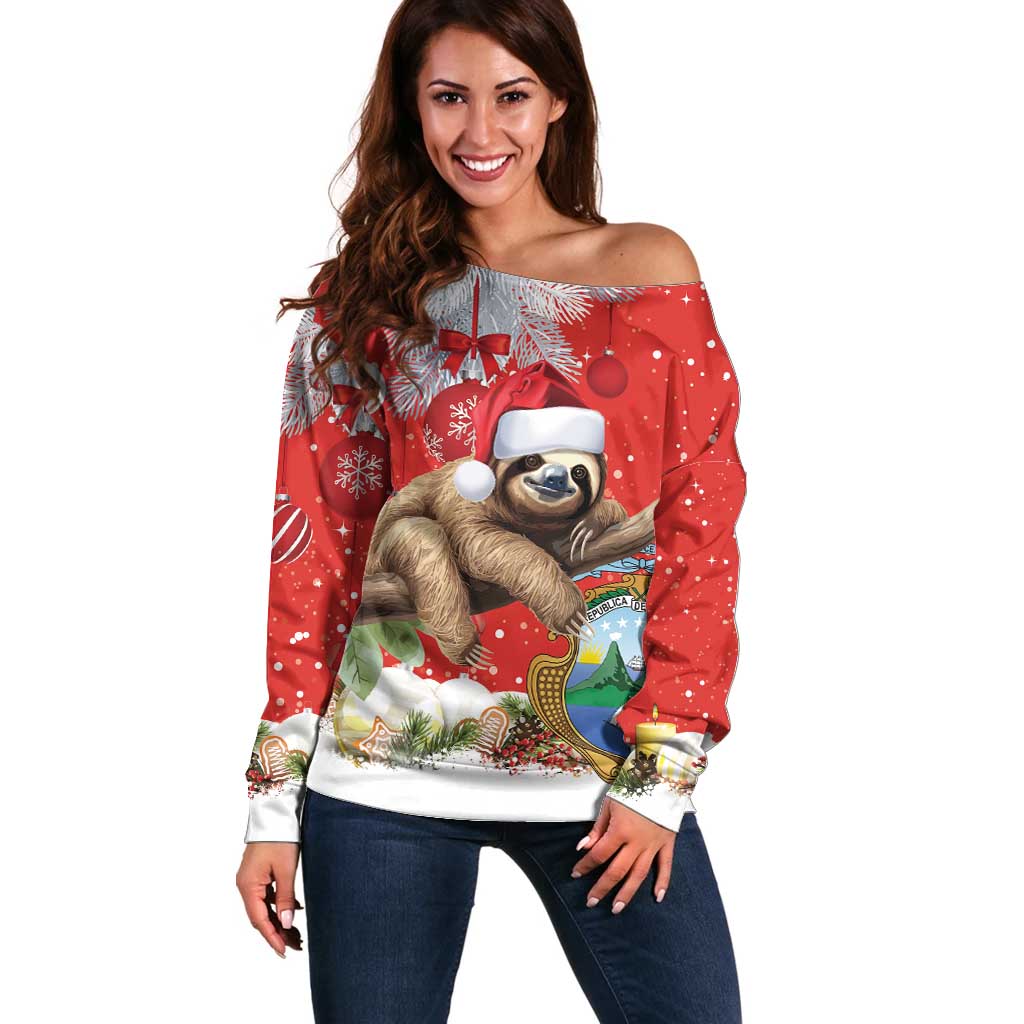 Christmas Costa Rica Off Shoulder Sweater A Cheerful Sloth Wearing a Santa Hat - Wonder Print Shop