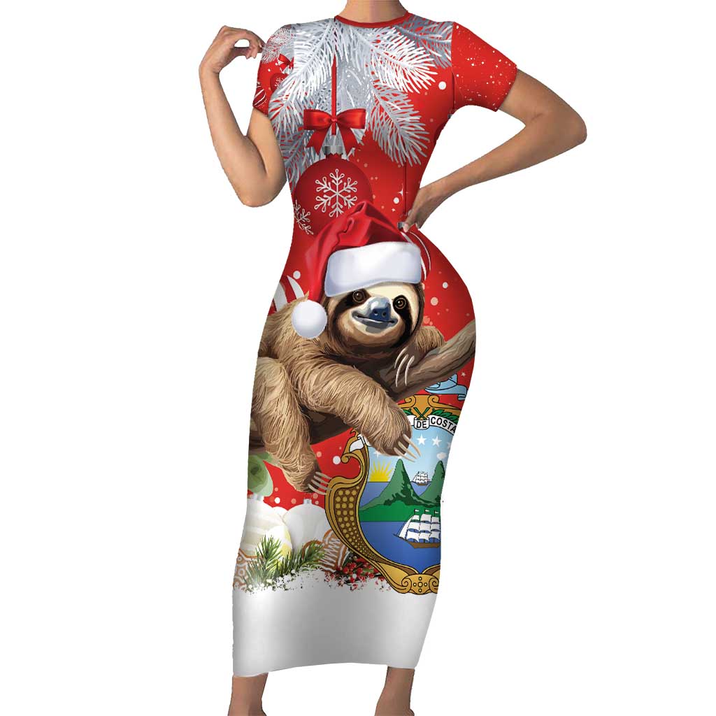 Christmas Costa Rica Short Sleeve Bodycon Dress A Cheerful Sloth Wearing a Santa Hat - Wonder Print Shop