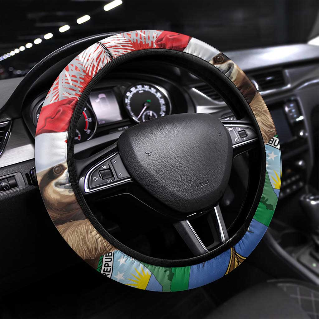 Christmas Costa Rica Steering Wheel Cover A Cheerful Sloth Wearing a Santa Hat - Wonder Print Shop