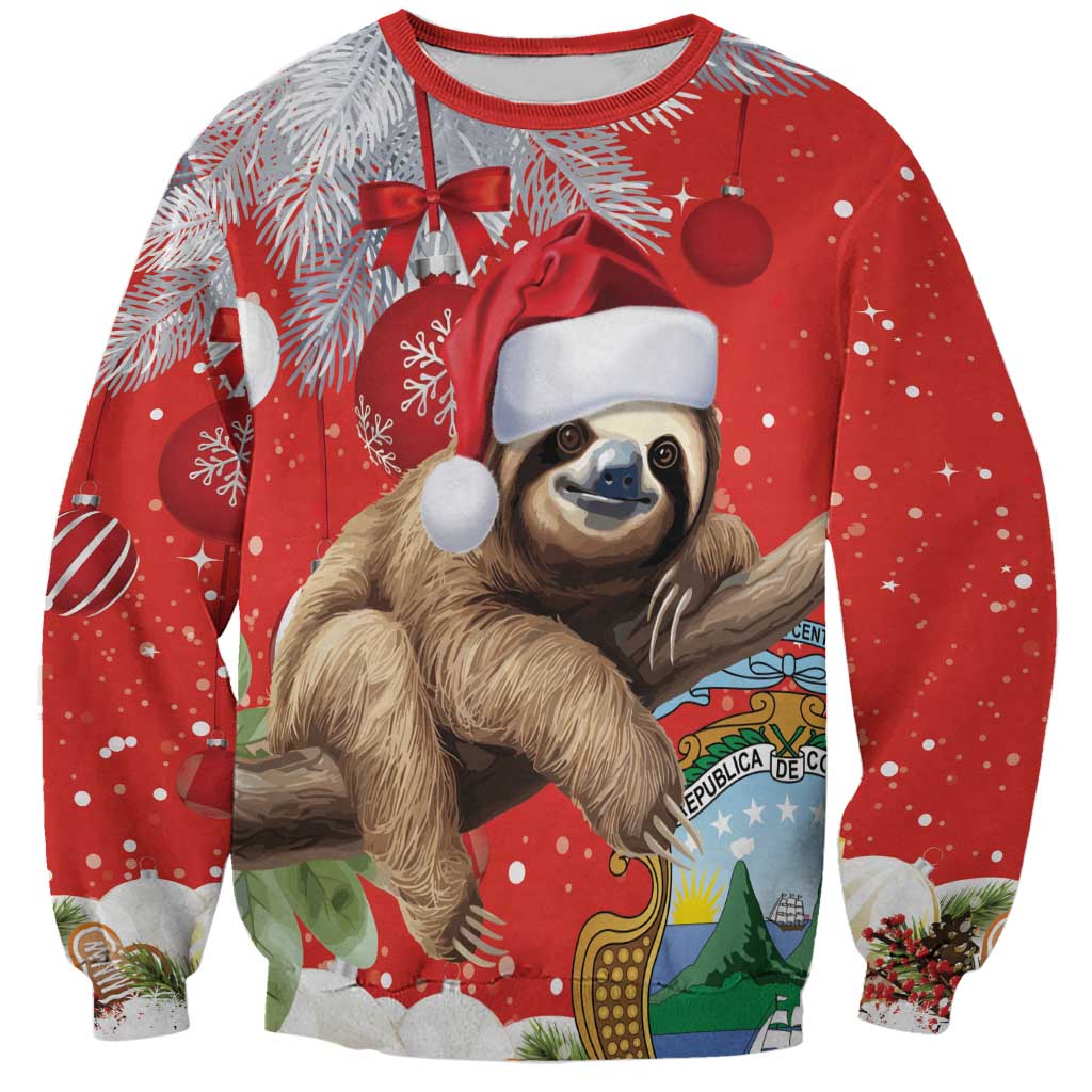 Red Christmas sweatshirt with sloth wearing Santa hat front graphic