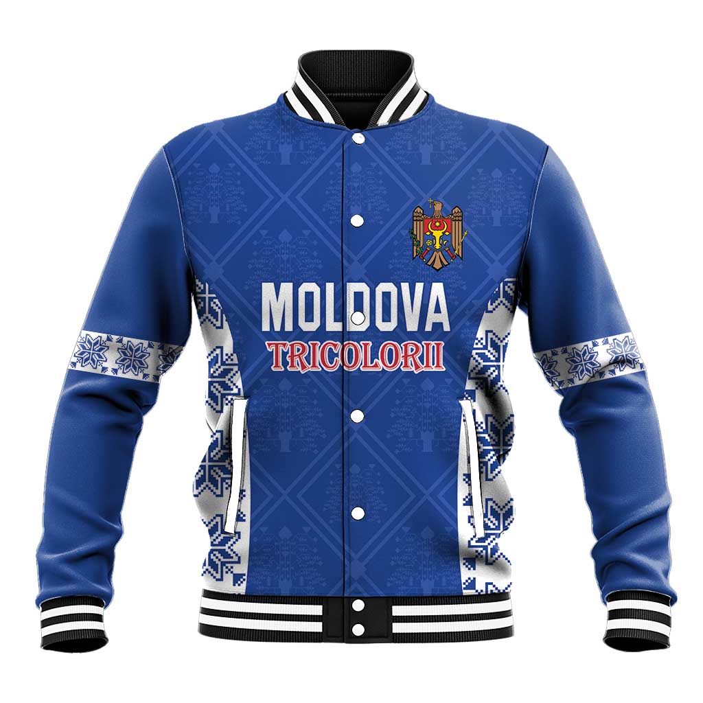 Blue varsity baseball jacket with snap front, striped rib collar, decorative front graphic