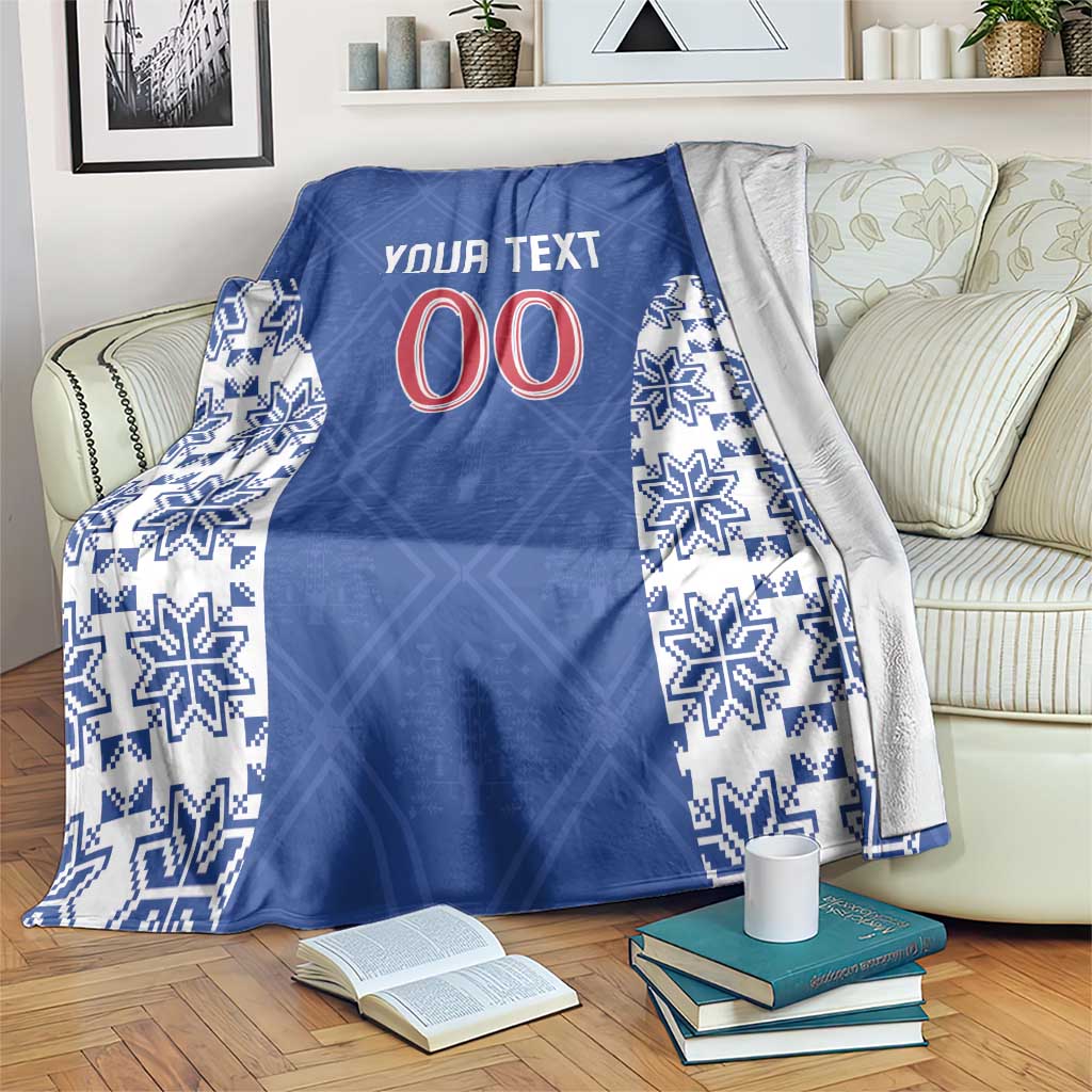 Blue football blanket with YOUR TEXT and 00, snowflake patterned side panels